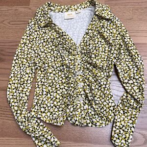 Maeve Yellow Black White Geometric Ruched Button-Front Top